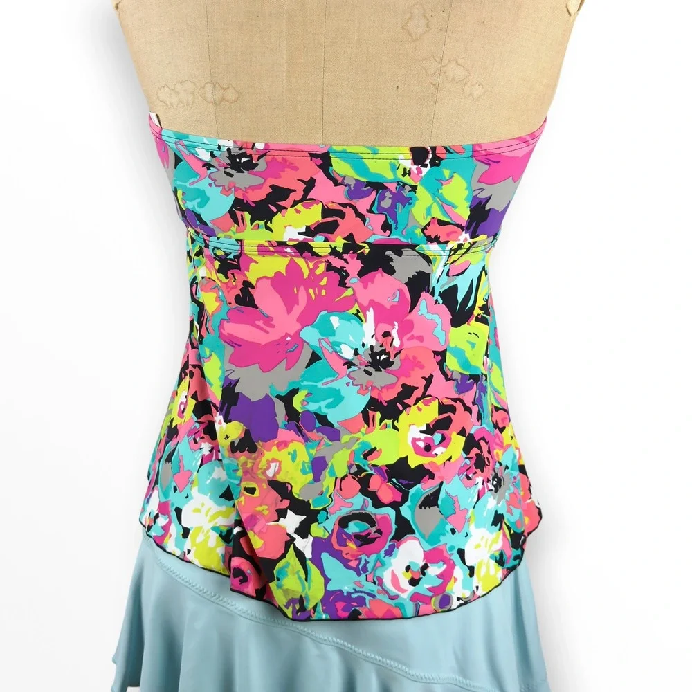 Y2K Neon Floral Tankini Top Smocked Halter Swim Kenneth Cole Retro Size S